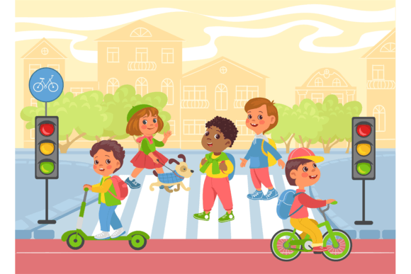Download Cute Kids on Walk Outdoor. Zebra Crosswa - Premium Resources