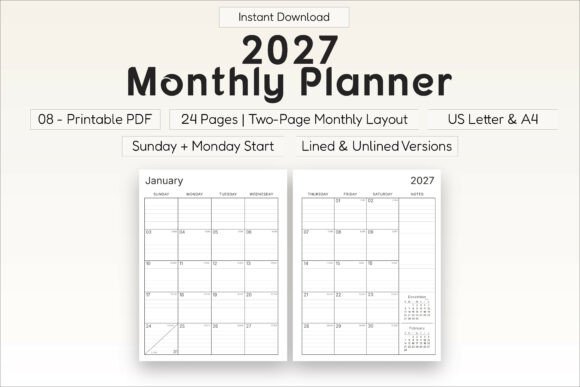 Download 2027 Monthly Planner Printable PDF - Planner printable Collection